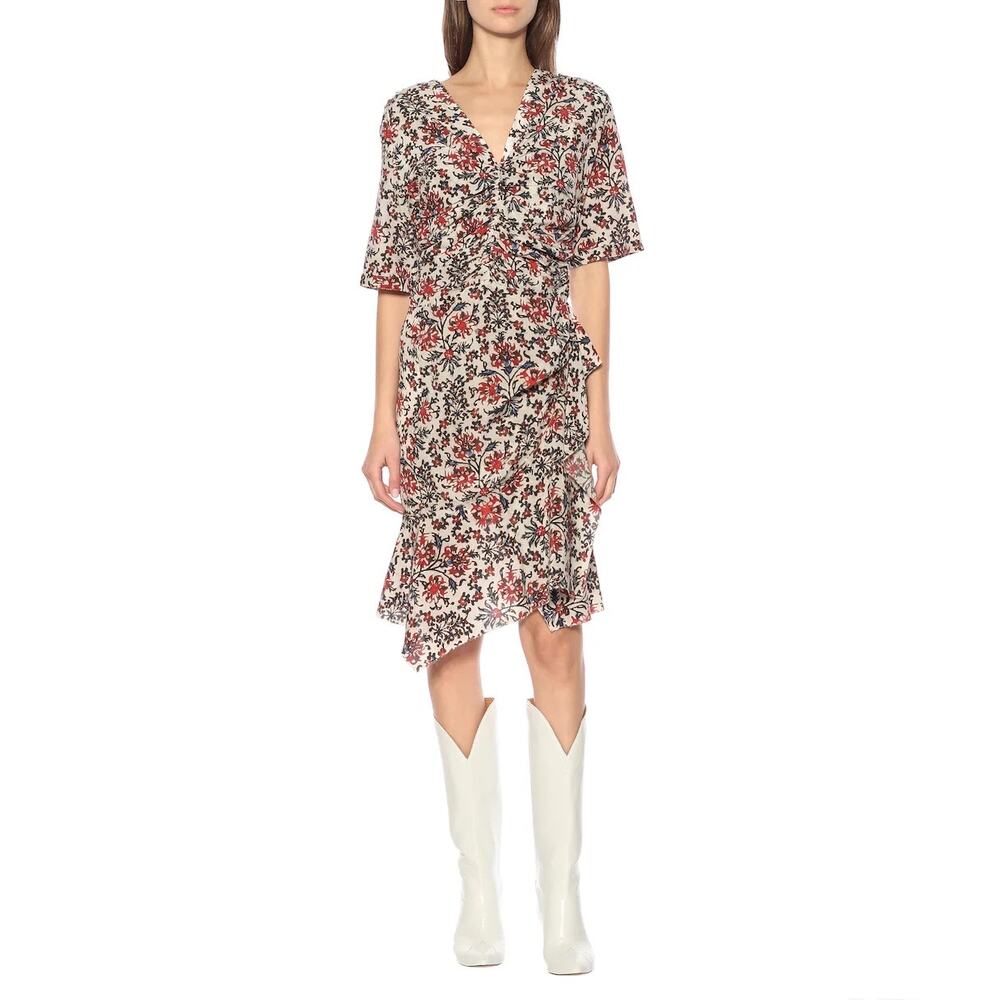 Isabel Marant Arodie Dress Medium Red White‎ Floral Silk Ruched Chic French Girl